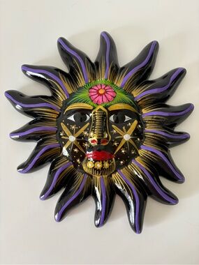Mexican Pottery Sun Face Oaxaca Hand Painted Folk Art Celestial Made in Mexico